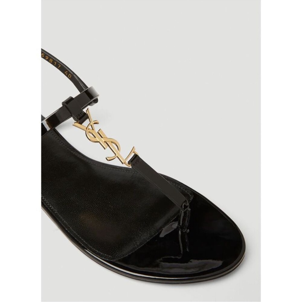 Saint Laurent Cassandra Patent T strap sandal- Black/gold